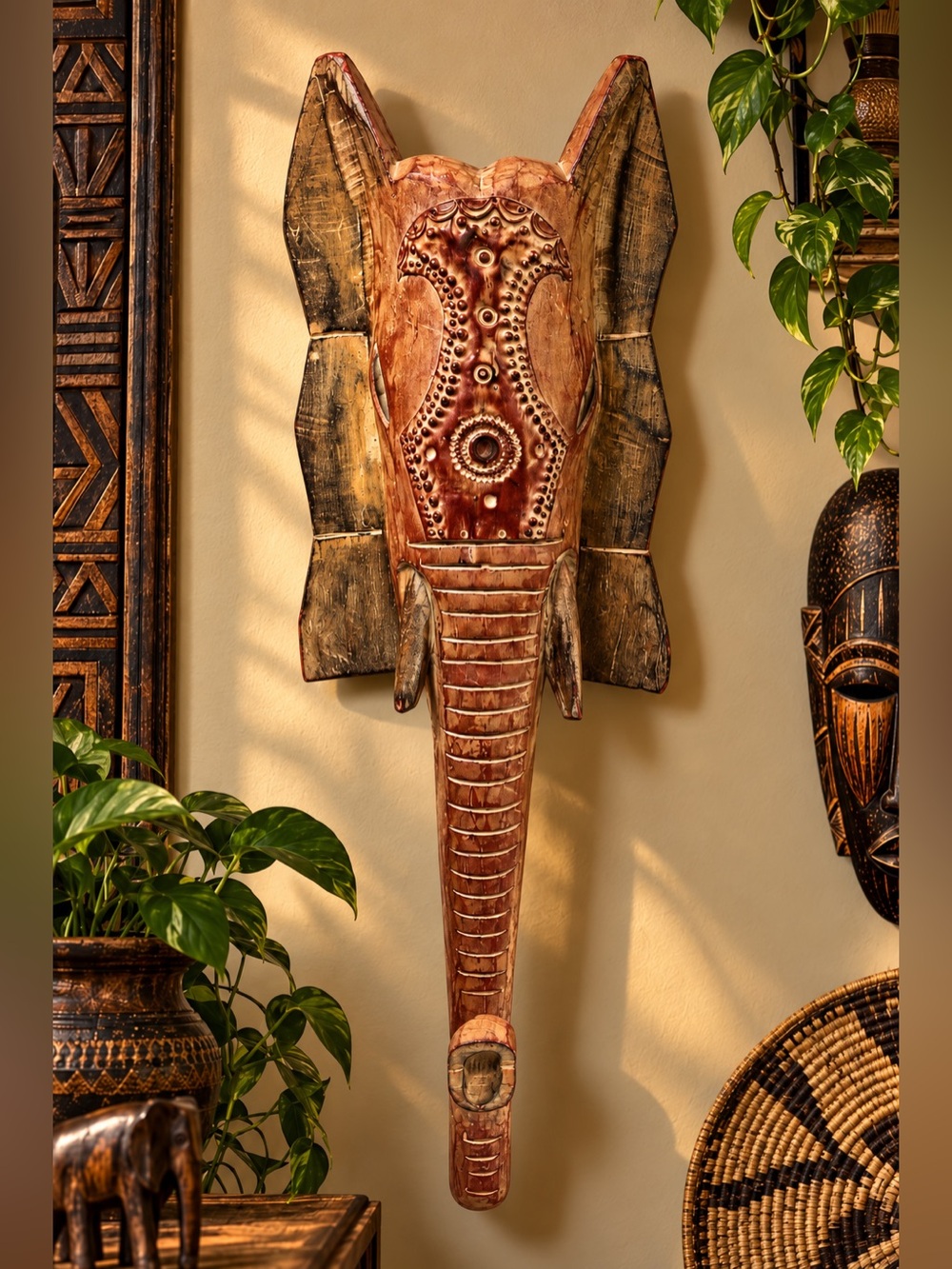 Hand Carved Ghana Wood Elephant Wall Mask African Folk Art 23”
